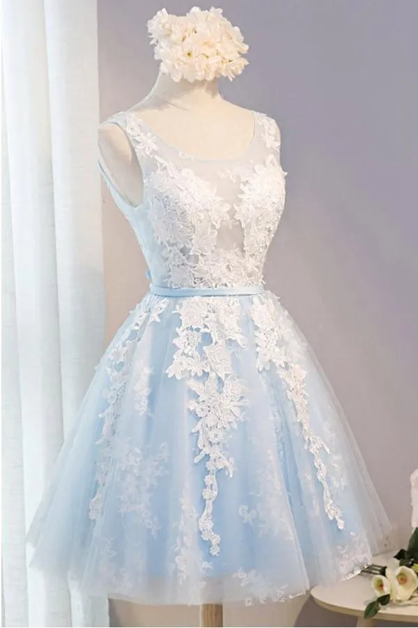 Scoop Neck Short Tulle Homecoming Dress Party Dress With Appliques Lace  PG137