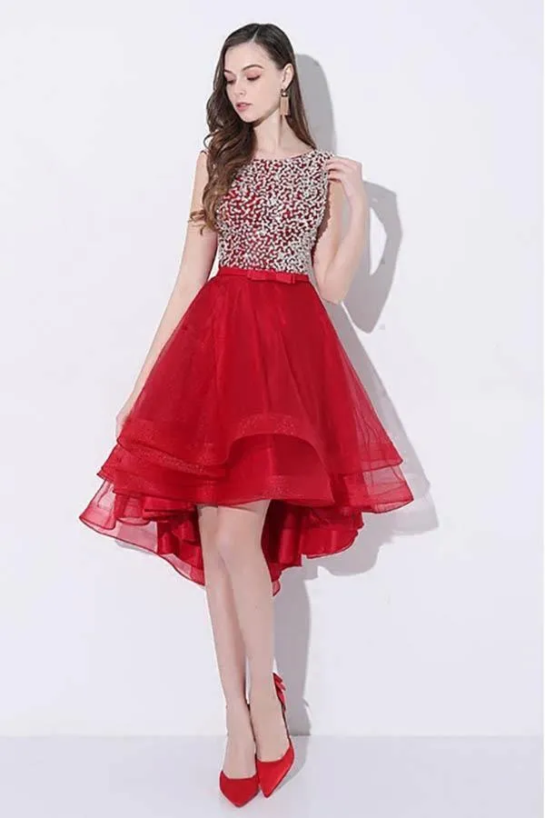 Sequins Red High Low Prom Homecoming Dress with Open Back PD095