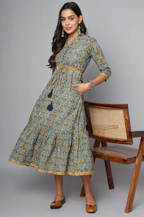 Shuddhi Powder Blue With Mustard Dress