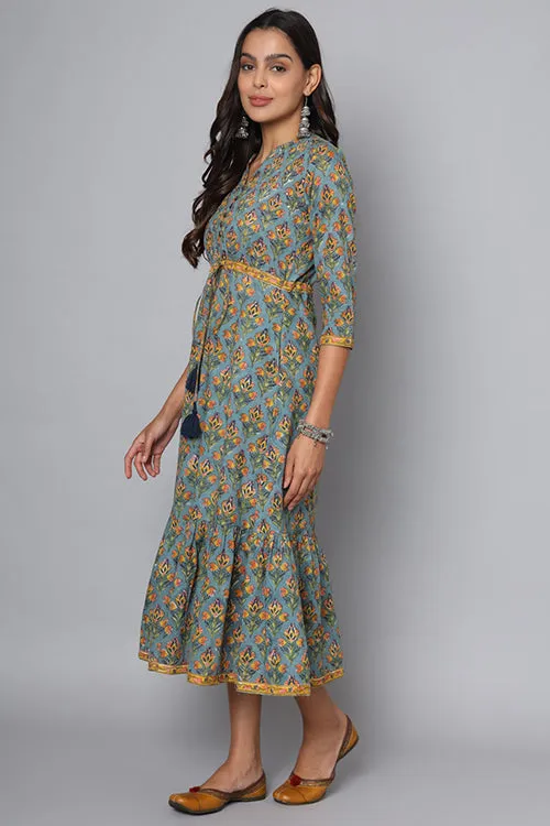 Shuddhi Powder Blue With Mustard Dress