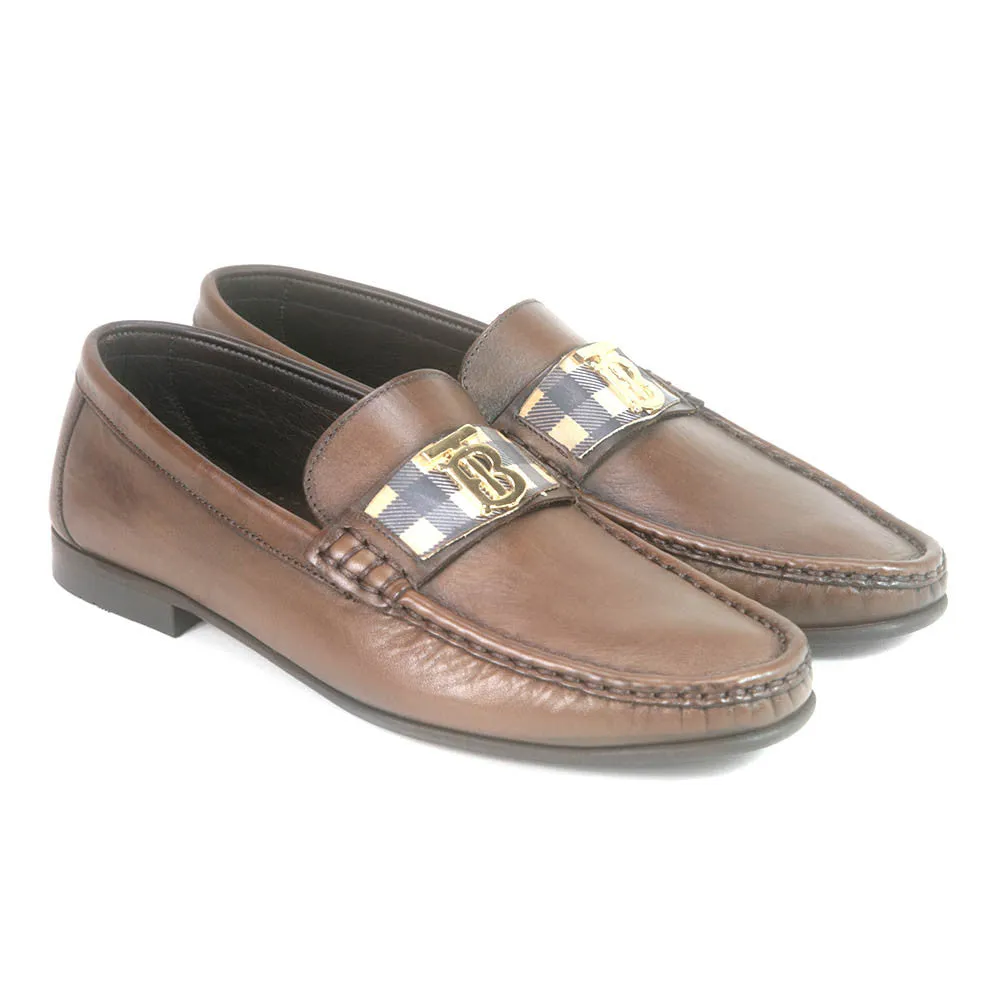 Sigotto Uomo Brown Plaid Soft Leather Dress Shoes with B logo