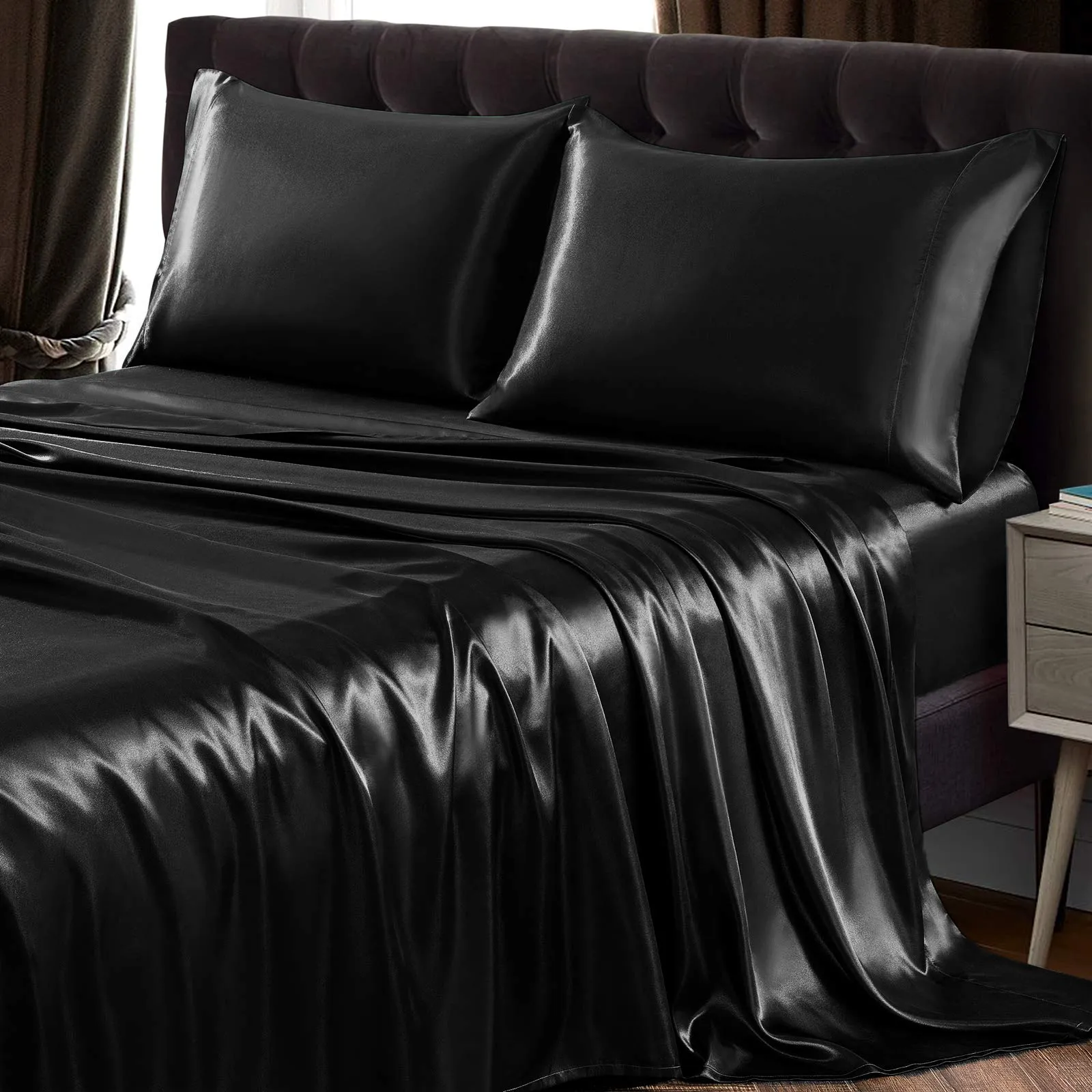 SiinvdaBZX 4Pcs Satin Sheet Set California King Size Ultra Silky Soft Black Satin Bed Sheets with Deep Pocket, 1 Fitted Sheet, 1 Flat Sheet , 2 Envelope Closure Pillowcases