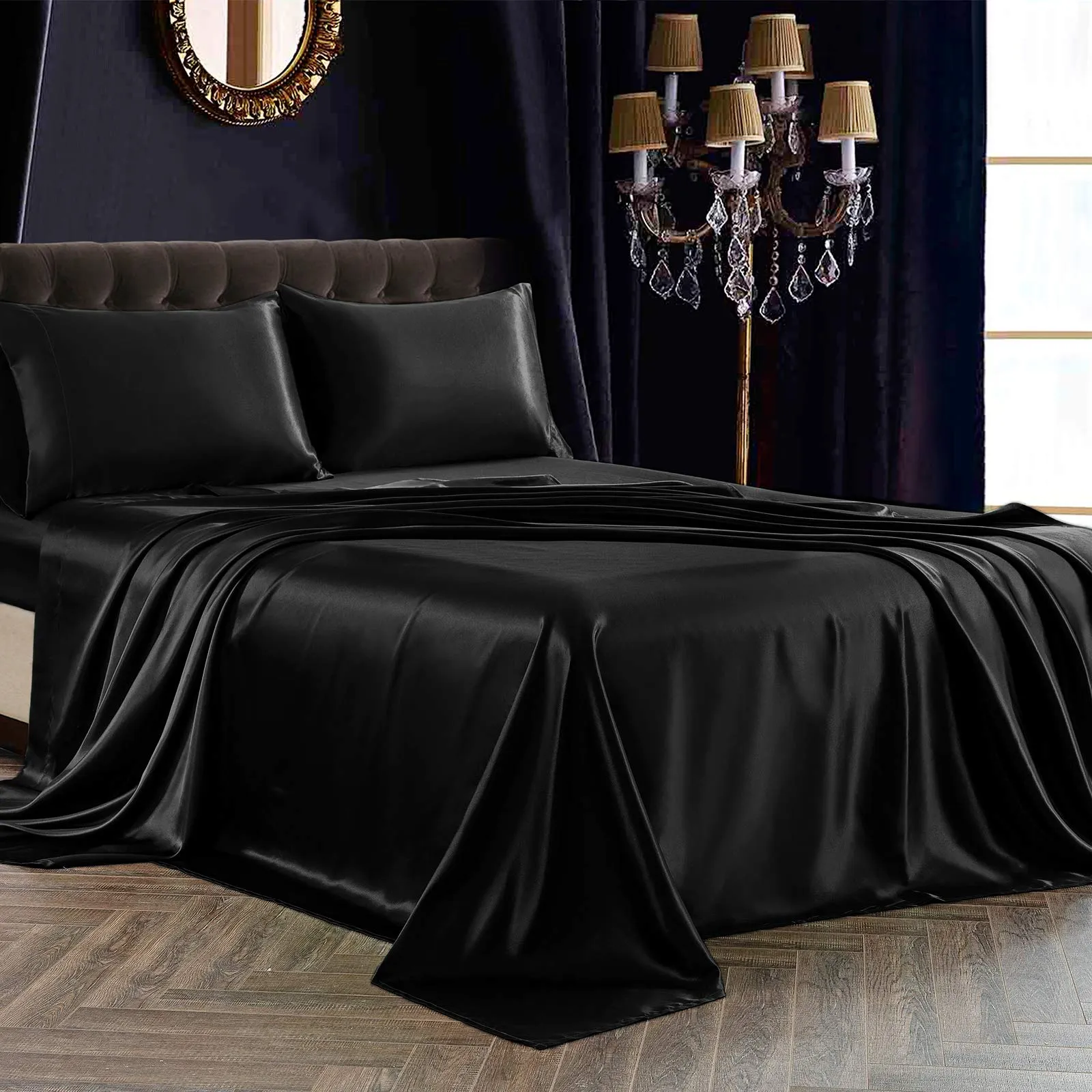 SiinvdaBZX 4Pcs Satin Sheet Set California King Size Ultra Silky Soft Black Satin Bed Sheets with Deep Pocket, 1 Fitted Sheet, 1 Flat Sheet , 2 Envelope Closure Pillowcases