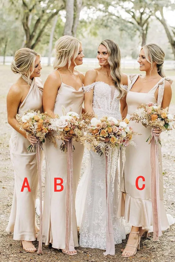 Simple Elegant Long Champagne Bridesmaid Dress BD131