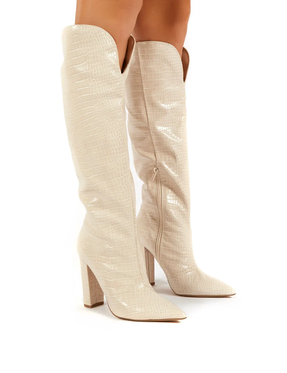 Slow Nude Croc Knee High Block Heel Boots