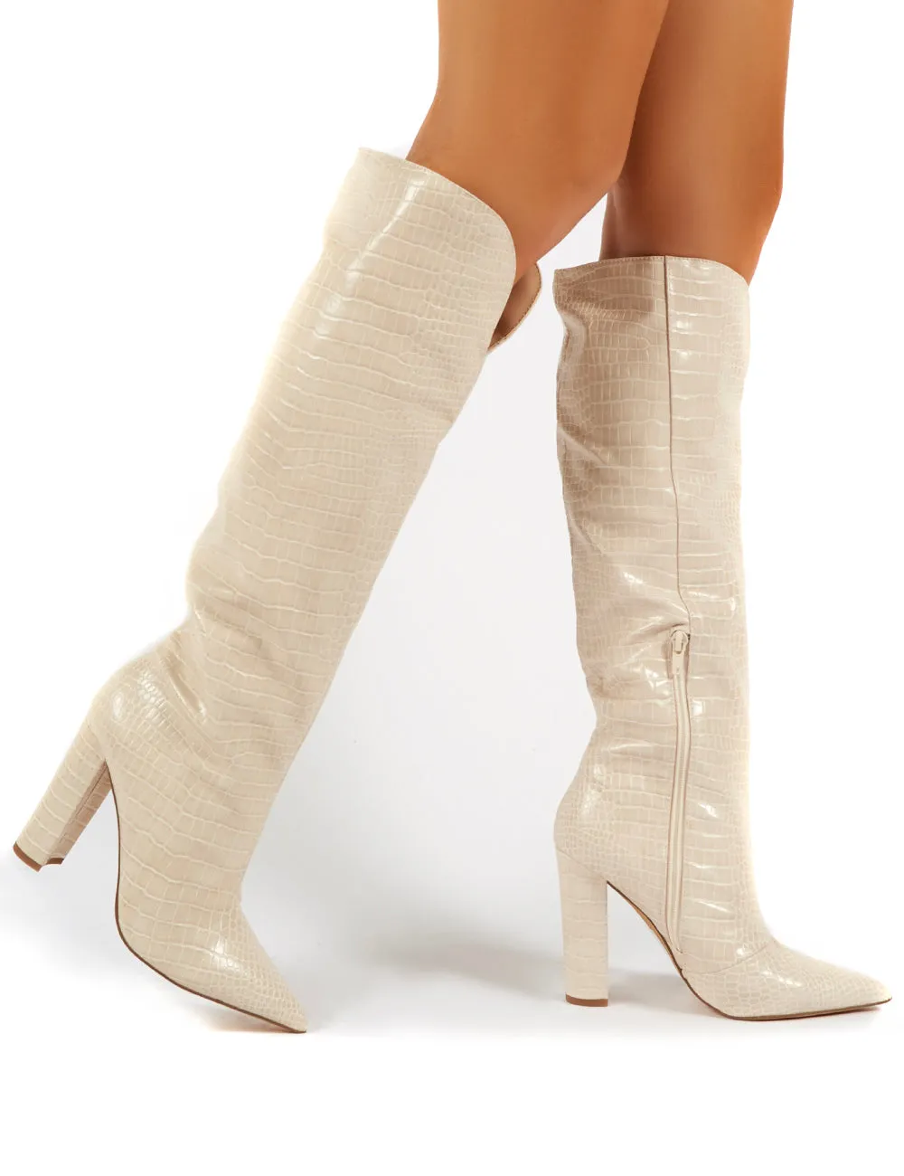 Slow Nude Croc Knee High Block Heel Boots