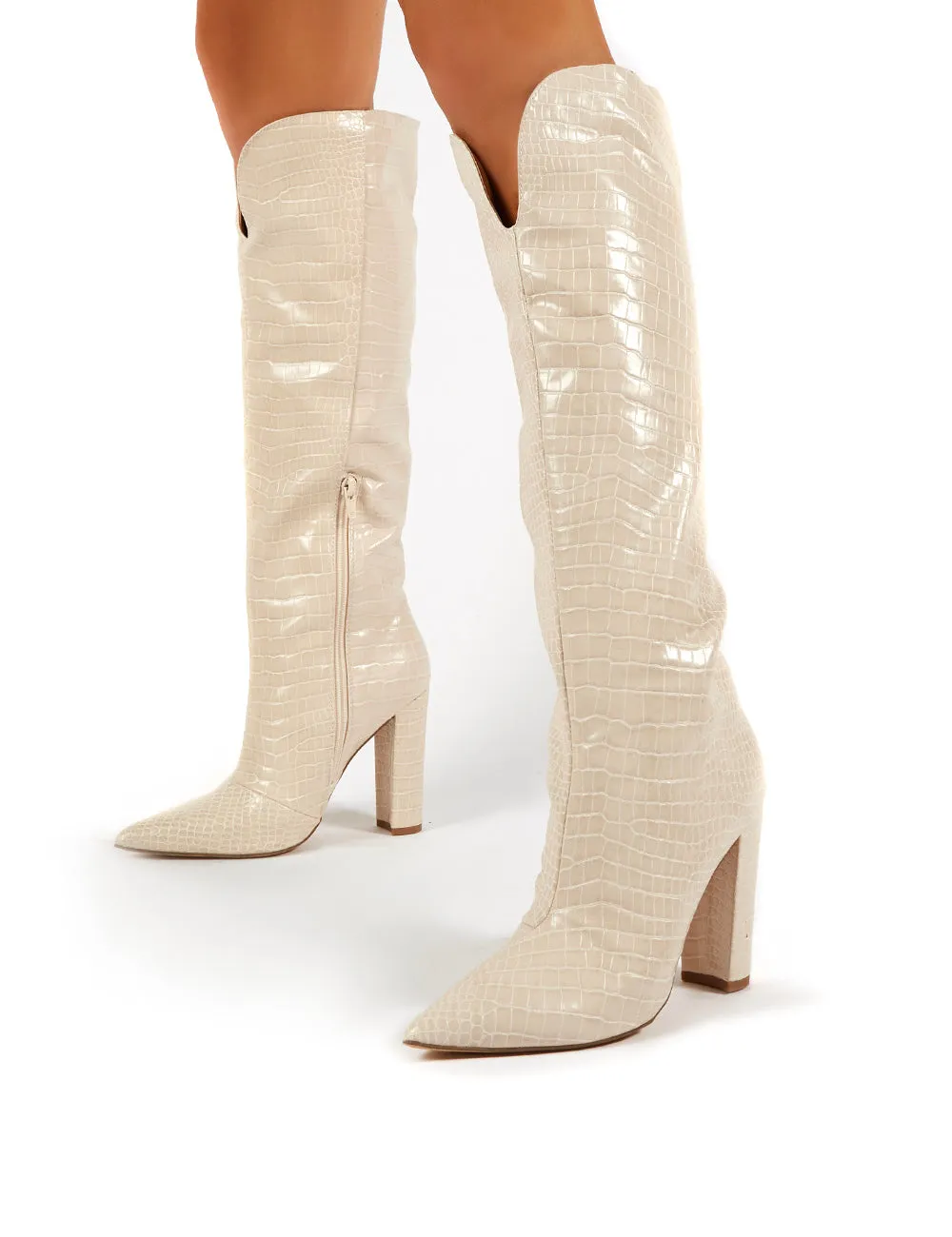 Slow Nude Croc Knee High Block Heel Boots