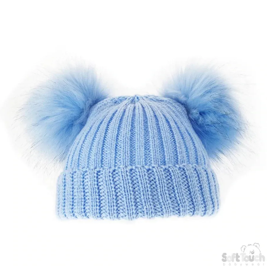 Small Blue Double Pom-Pom Hat