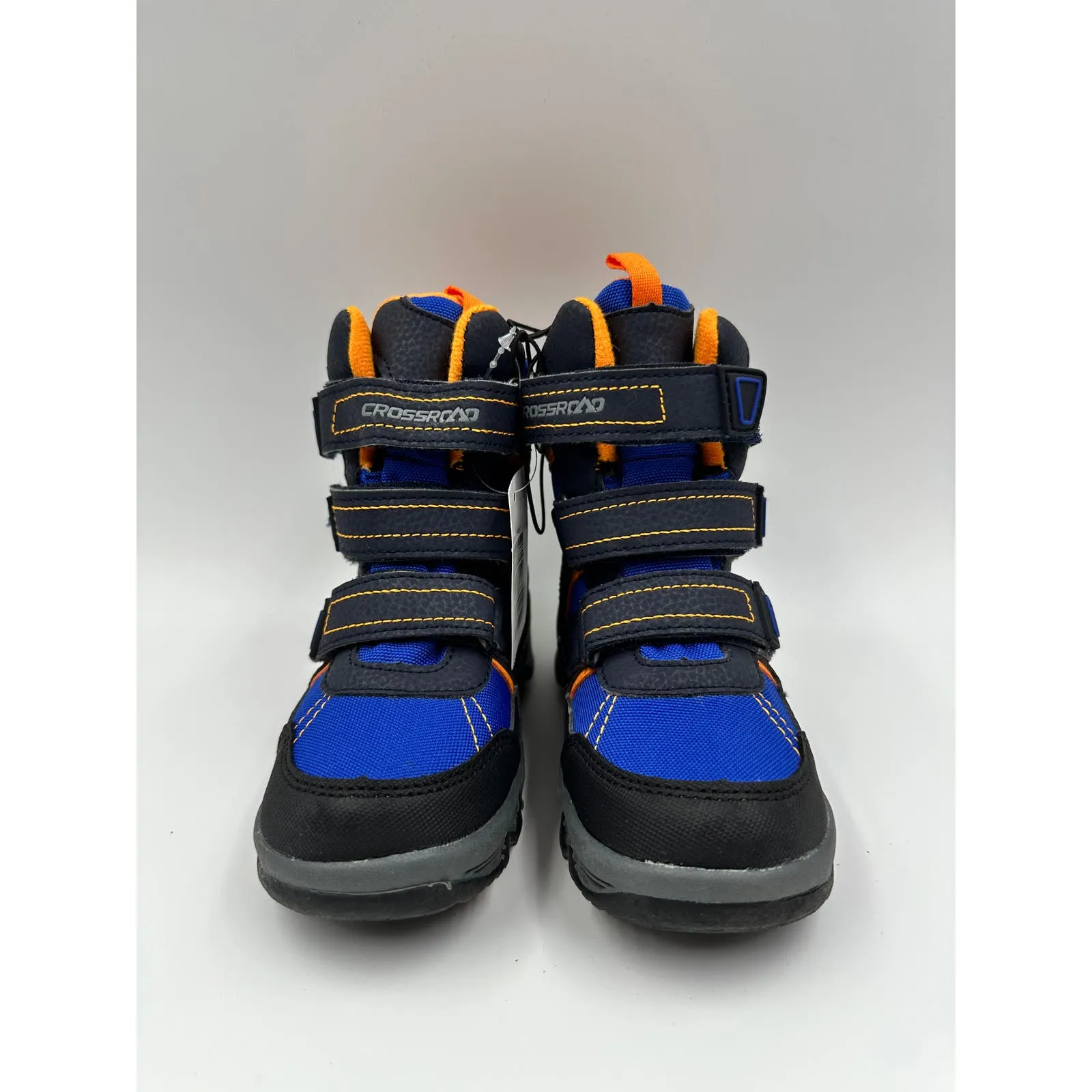 Small Kid Size 9.5, High Top Water Proof Blue and Black Snowboot with Orange Accents