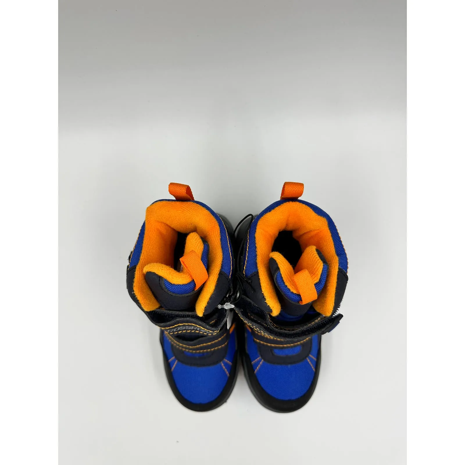 Small Kid Size 9.5, High Top Water Proof Blue and Black Snowboot with Orange Accents