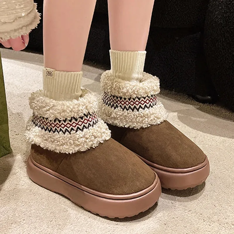 Sohiwoo National Style Platform Snow Boots Women Embroidery Faux Lambswool Cotton Padded Shoes Female Warm Thick Plush Ankle Boots