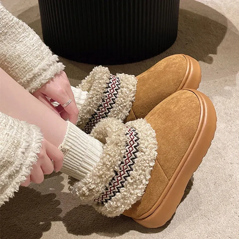 Sohiwoo National Style Platform Snow Boots Women Embroidery Faux Lambswool Cotton Padded Shoes Female Warm Thick Plush Ankle Boots