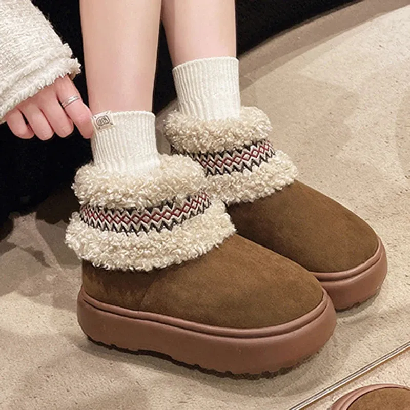 Sohiwoo National Style Platform Snow Boots Women Embroidery Faux Lambswool Cotton Padded Shoes Female Warm Thick Plush Ankle Boots