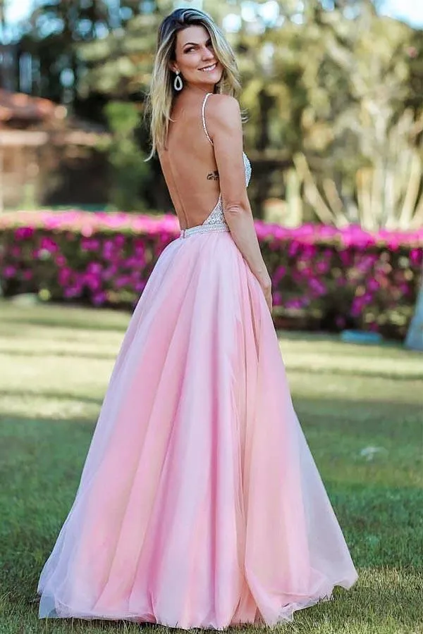 Spaghetti Straps Backless Beading Pink Long Prom/Evening Dress PG885