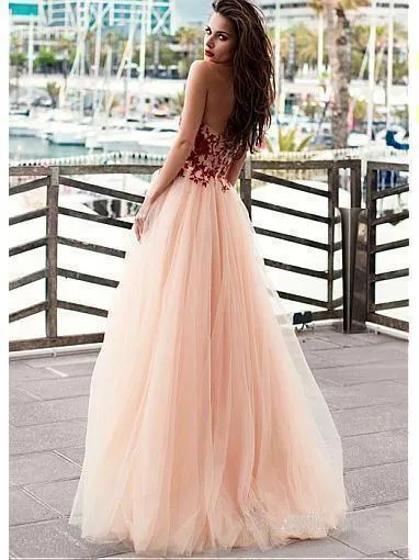 Strapless Blush Prom Dresses Lace Appliqued Tulle Formal Evening Dress PG775