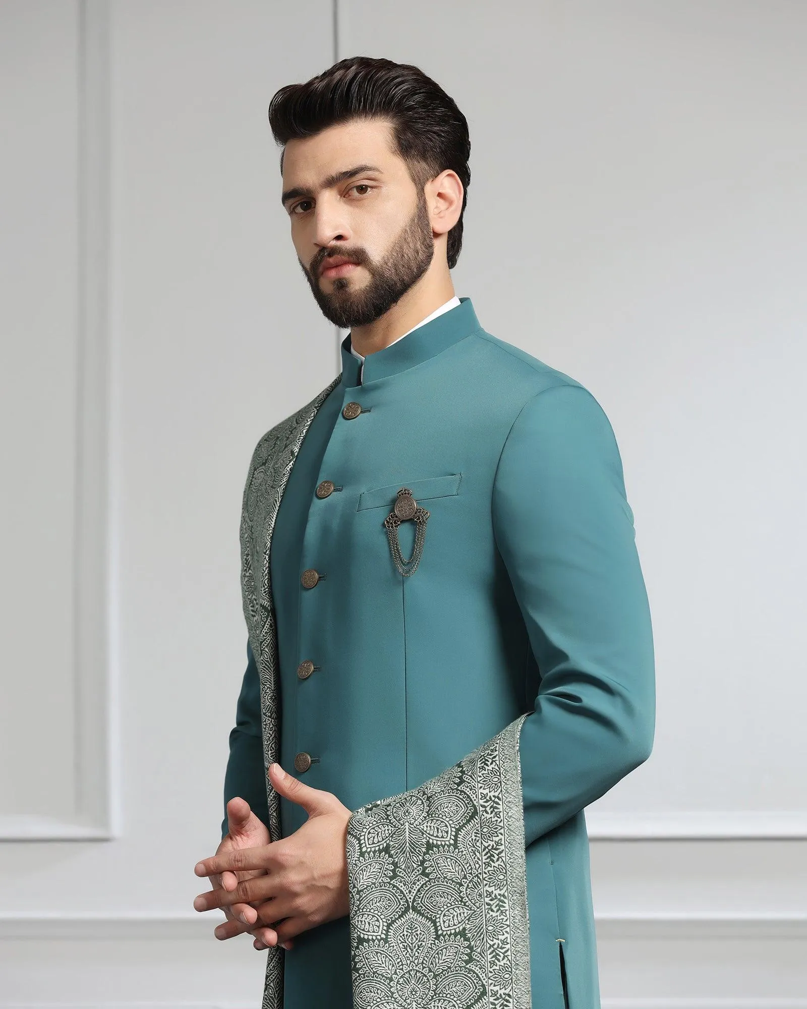 Swarn Two Piece Dark Green Solid Achkan Set - Dagaris