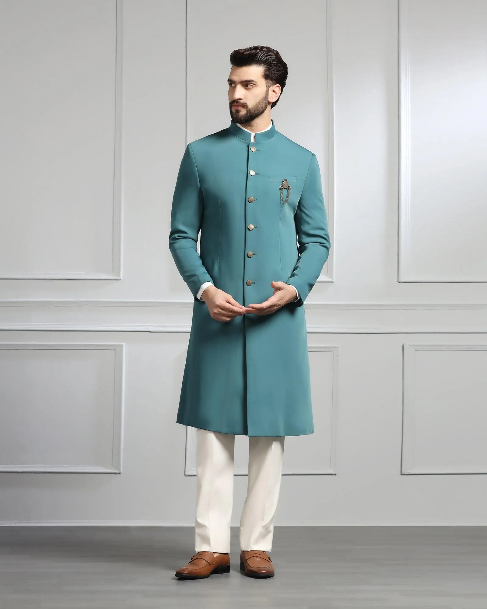 Swarn Two Piece Dark Green Solid Achkan Set - Dagaris