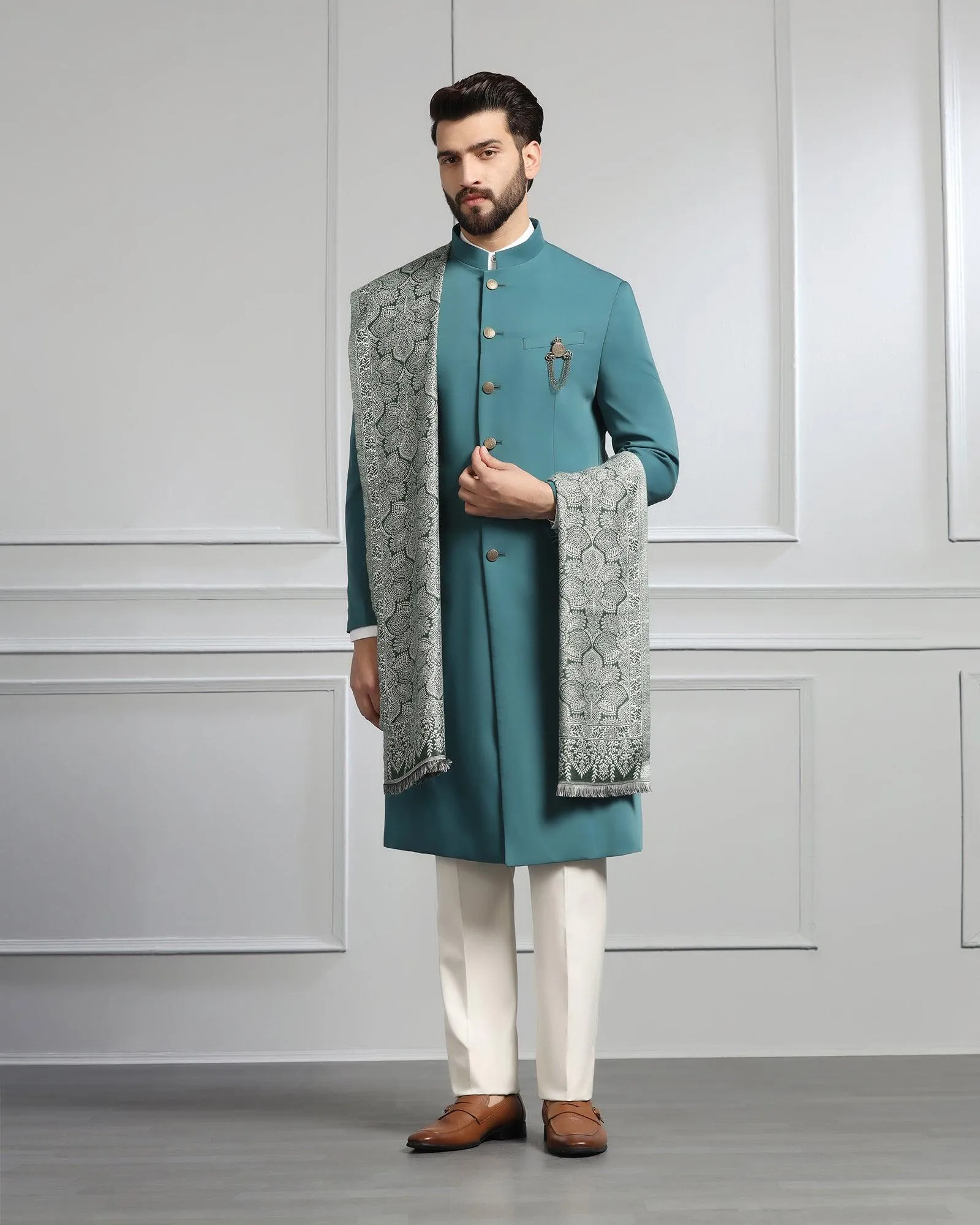 Swarn Two Piece Dark Green Solid Achkan Set - Dagaris