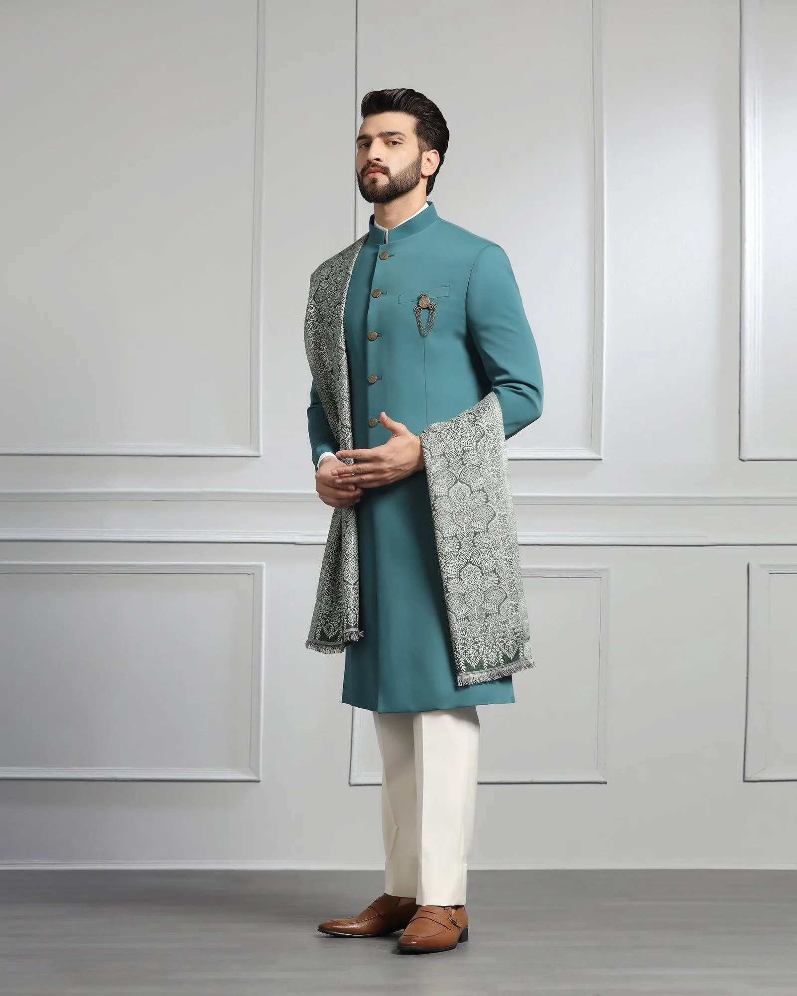 Swarn Two Piece Dark Green Solid Achkan Set - Dagaris