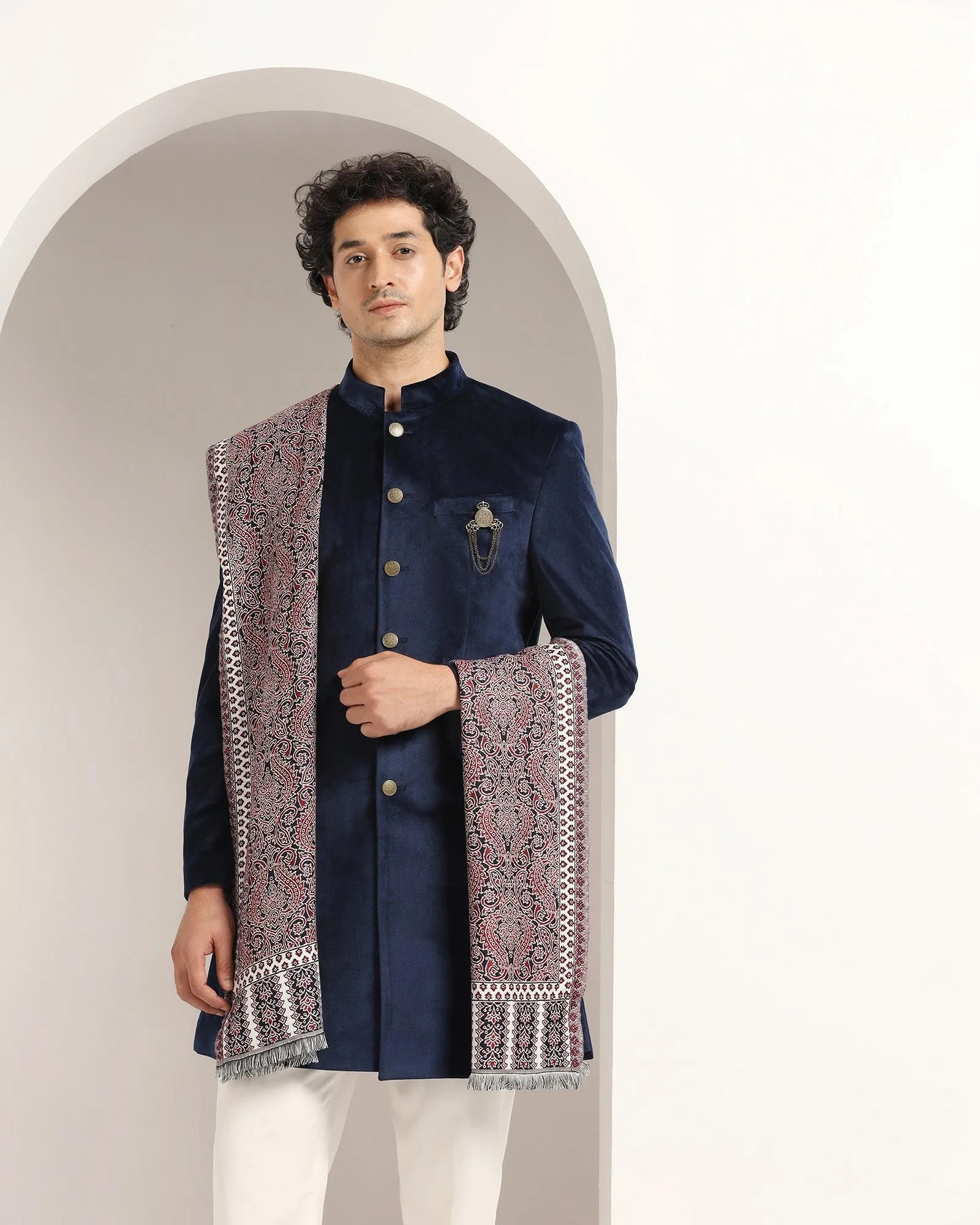 Swarn Two Piece Navy Solid Achkan Set - Veltos