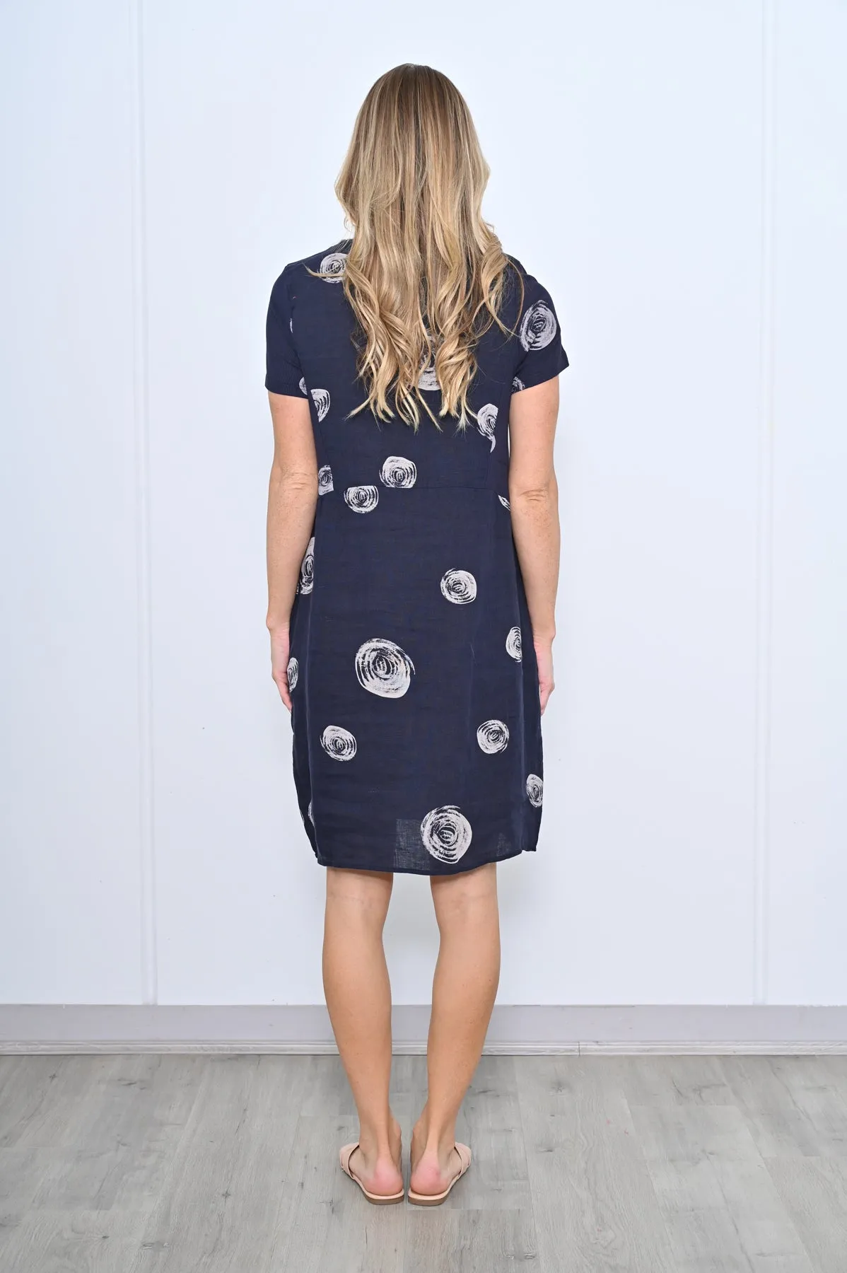 Swirl Print Dress Linen Navy