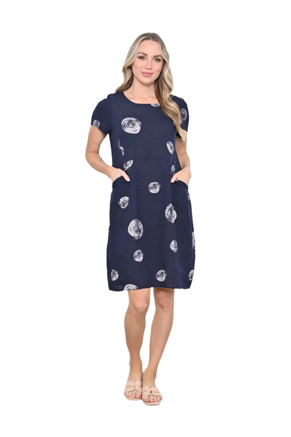 Swirl Print Dress Linen Navy