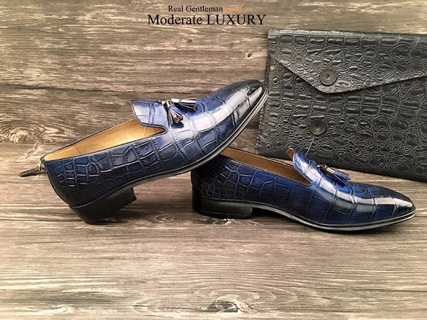 Tasselled Croco Pattern Italian Style Men Loafers Shoes