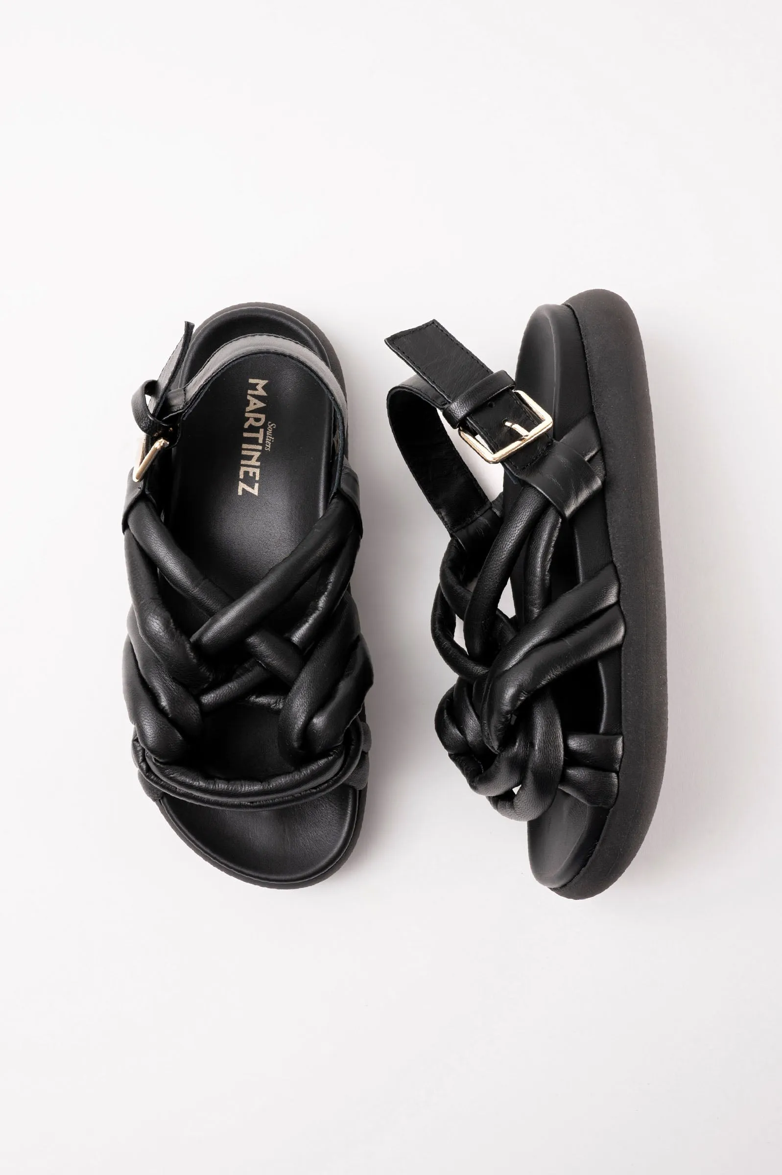 TELVA - Black Tubular Leather Sandals