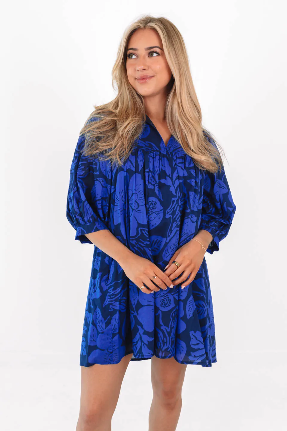 The Stevie Puff Sleeve Dress - Navy/Blue