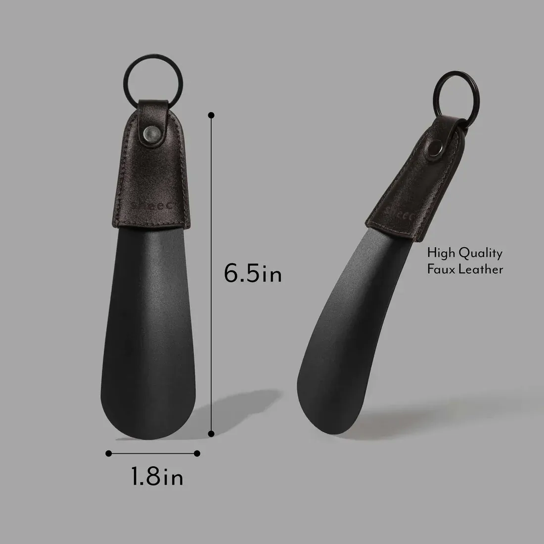 Travel Size Metal Shoe Horn Black with Faux Leather Handle & Keychain Ring - 6.5"- 3 Count