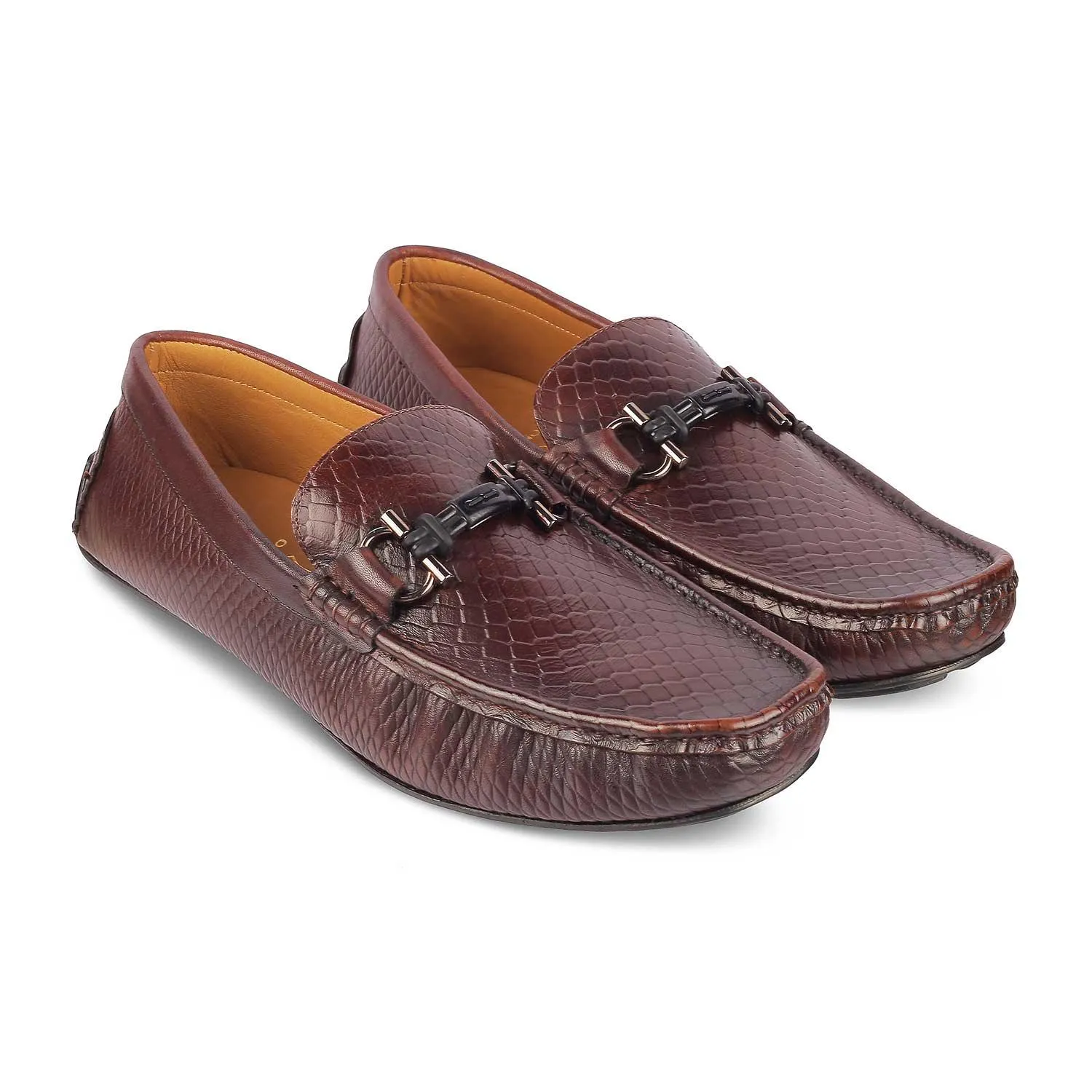 Tresmode Ferro Brown Men's Textured Leather Driving Loafers