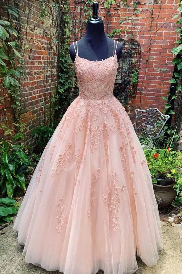 Tulle Lace Long Prom Dress Scoop Spaghetti Formal Evening Gowns   PSK014