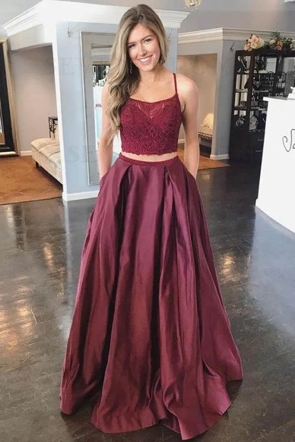 Two Piece A-Line Burgundy Satin Lace Top Spaghetti Straps Prom Dress  PSK109