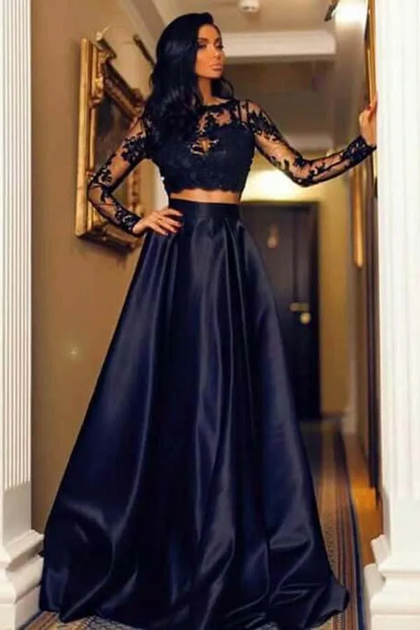 Two Piece Bateau Sweep Train Black Prom Dress with Appliques PG662