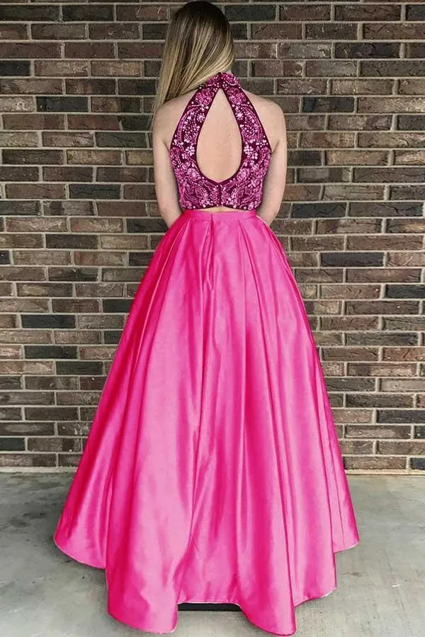 Two Piece High Neck Open Back Satin Prom Dress with Beading  PG531