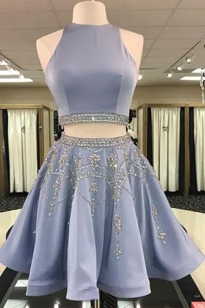 Two Piece Round Neck Light Sky Blue Beaded Satin Homecoming Dress PG188