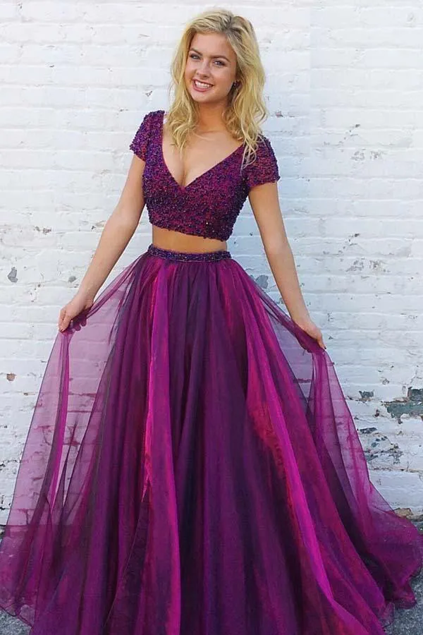 Two Piece V-Neck Short Sleeves Purple Tulle Prom Dress with Beading PG842