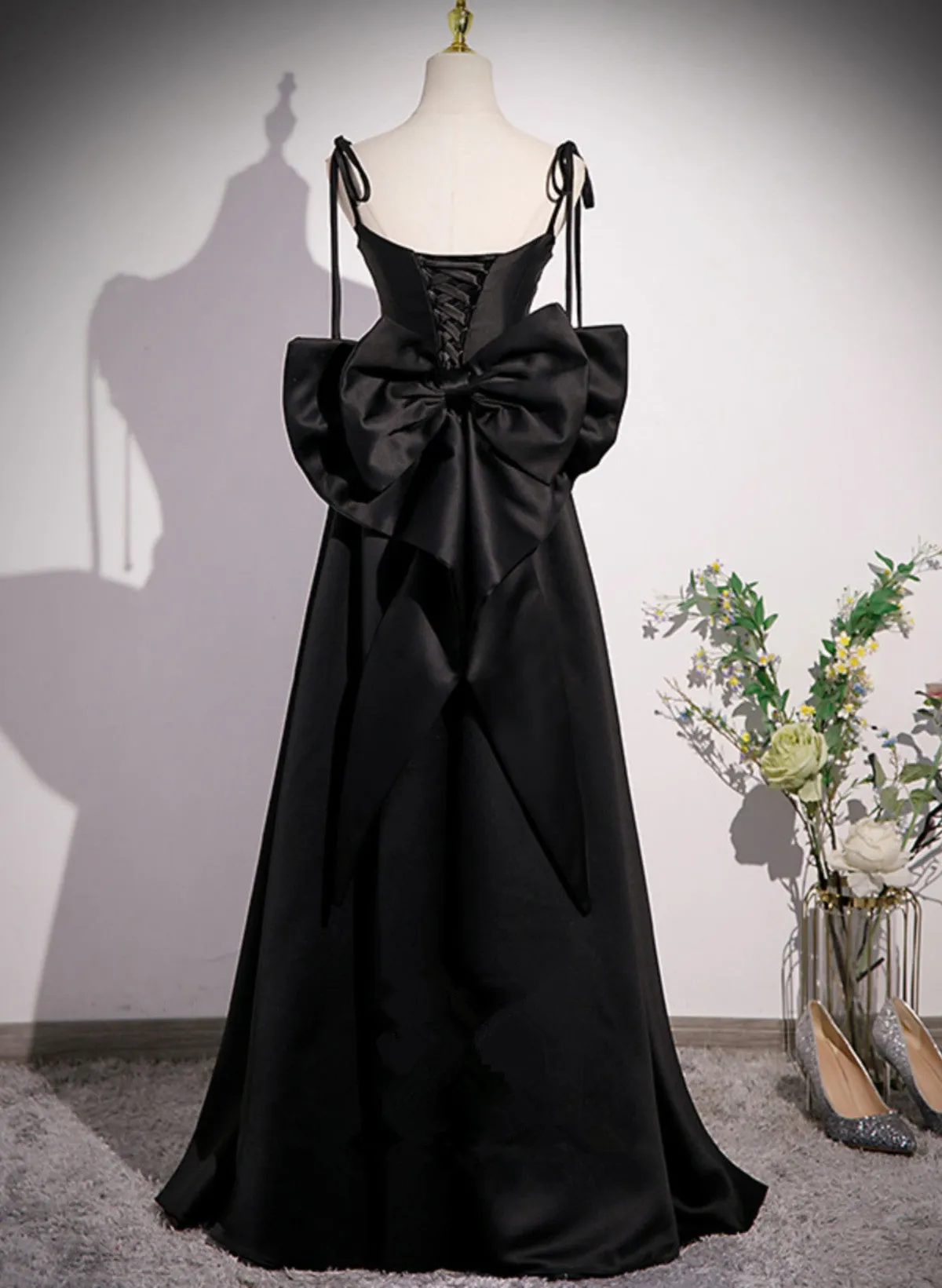 Uniwim 2024 Black Satin Sweetheart Long Prom Dress with Bow, Black Long Evening Dress