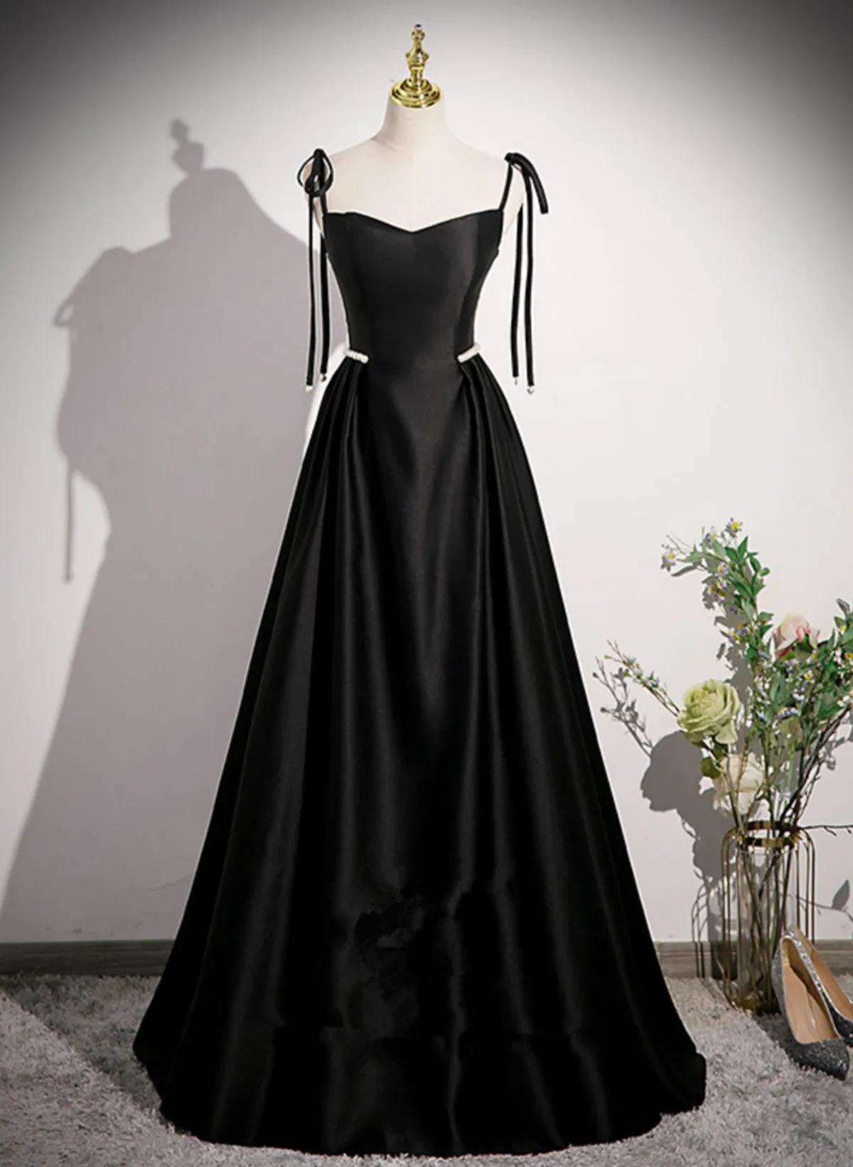 Uniwim 2024 Black Satin Sweetheart Long Prom Dress with Bow, Black Long Evening Dress