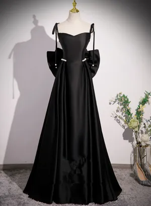 Uniwim 2024 Black Satin Sweetheart Long Prom Dress with Bow, Black Long Evening Dress