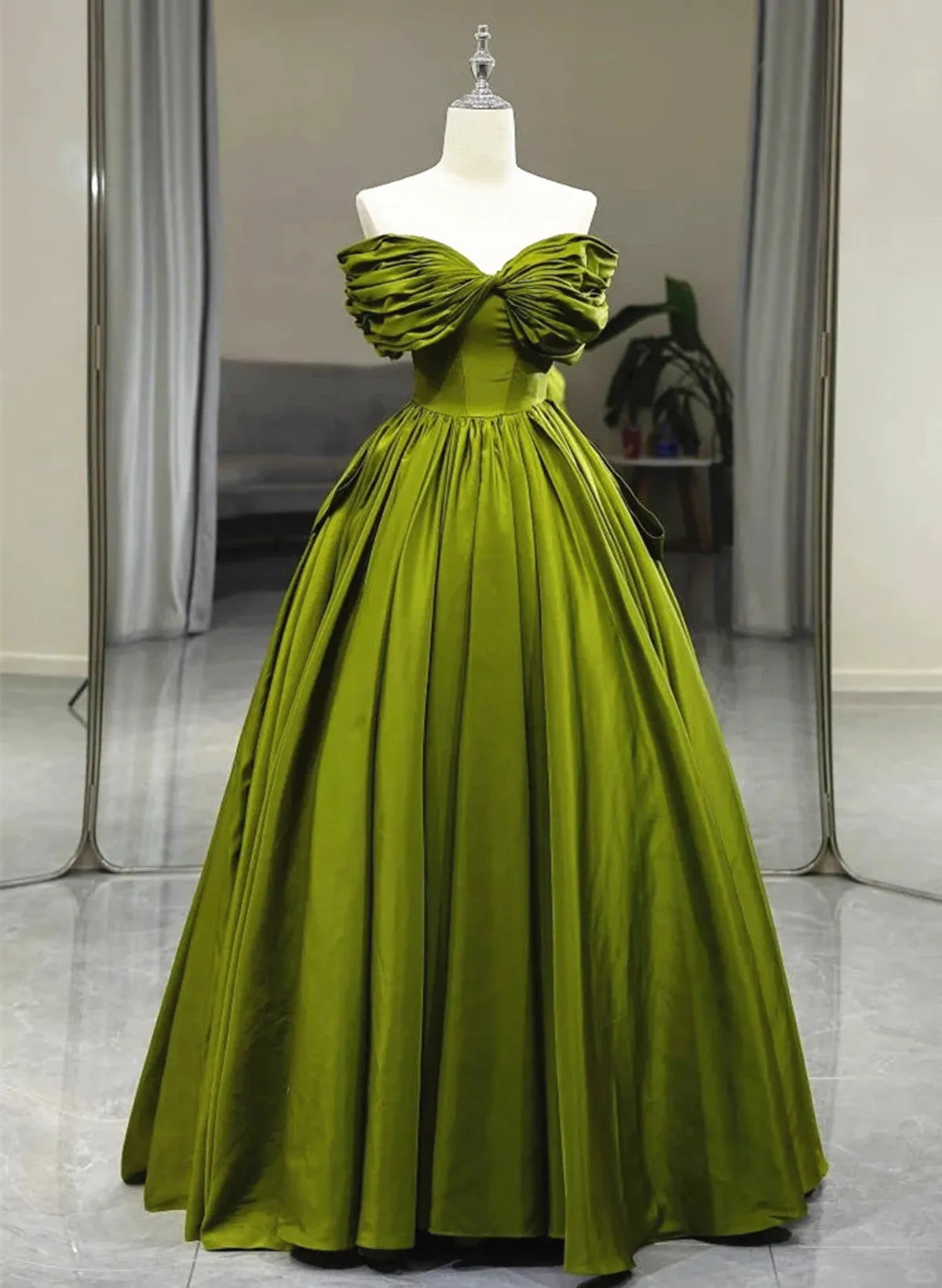 Uniwim 2024 Green A-line Off Shoulder Satin Long Party Dress, Green Satin Formal Dress Prom Dress