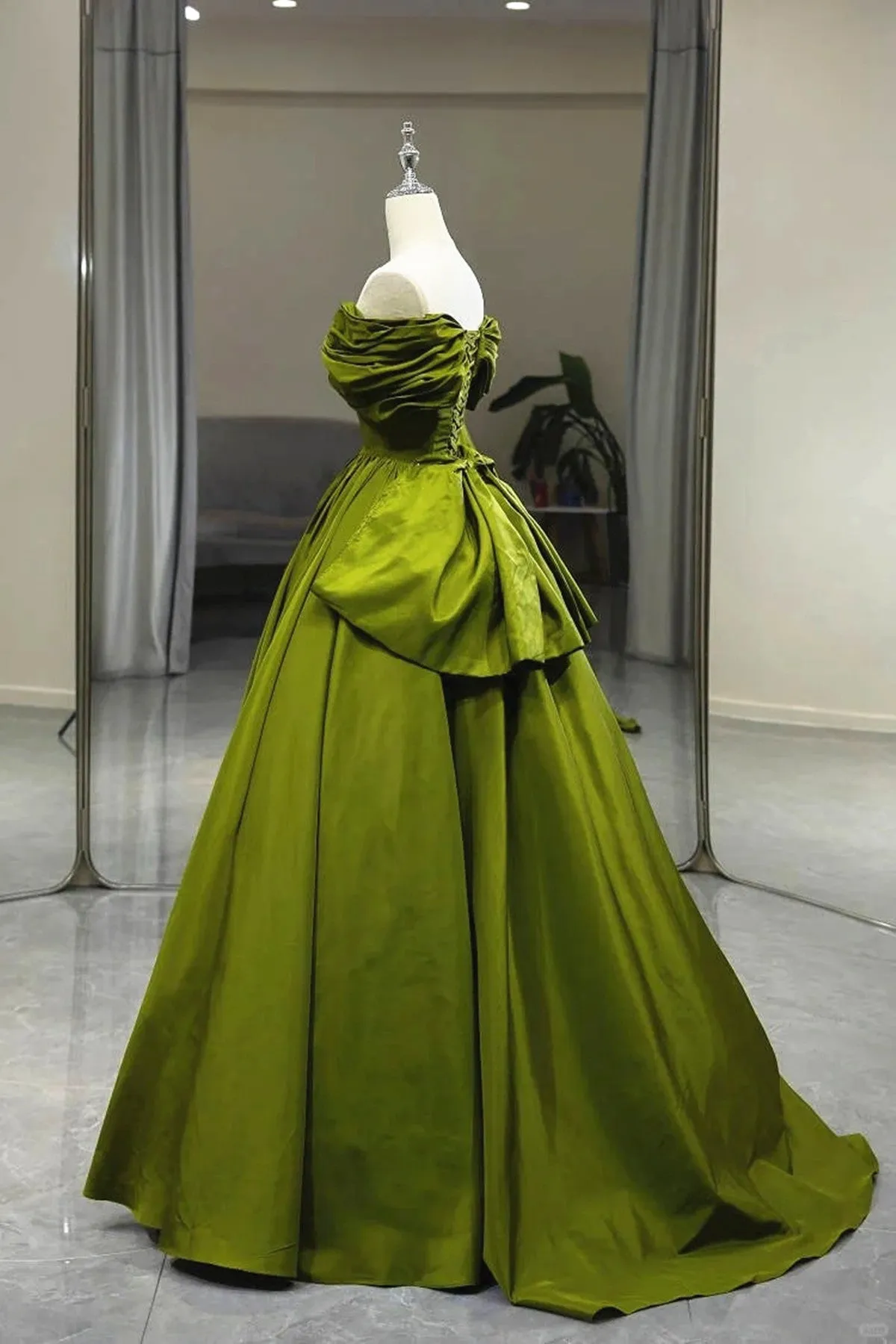 Uniwim 2024 Green A-line Off Shoulder Satin Long Party Dress, Green Satin Formal Dress Prom Dress