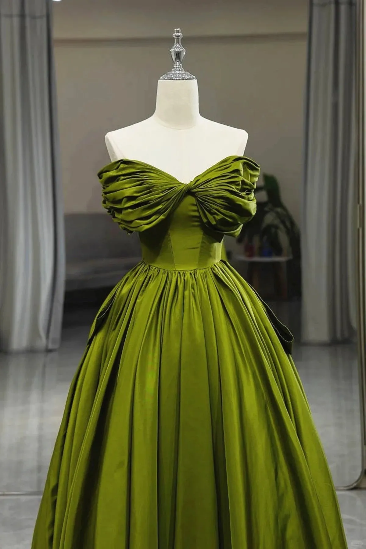 Uniwim 2024 Green A-line Off Shoulder Satin Long Party Dress, Green Satin Formal Dress Prom Dress