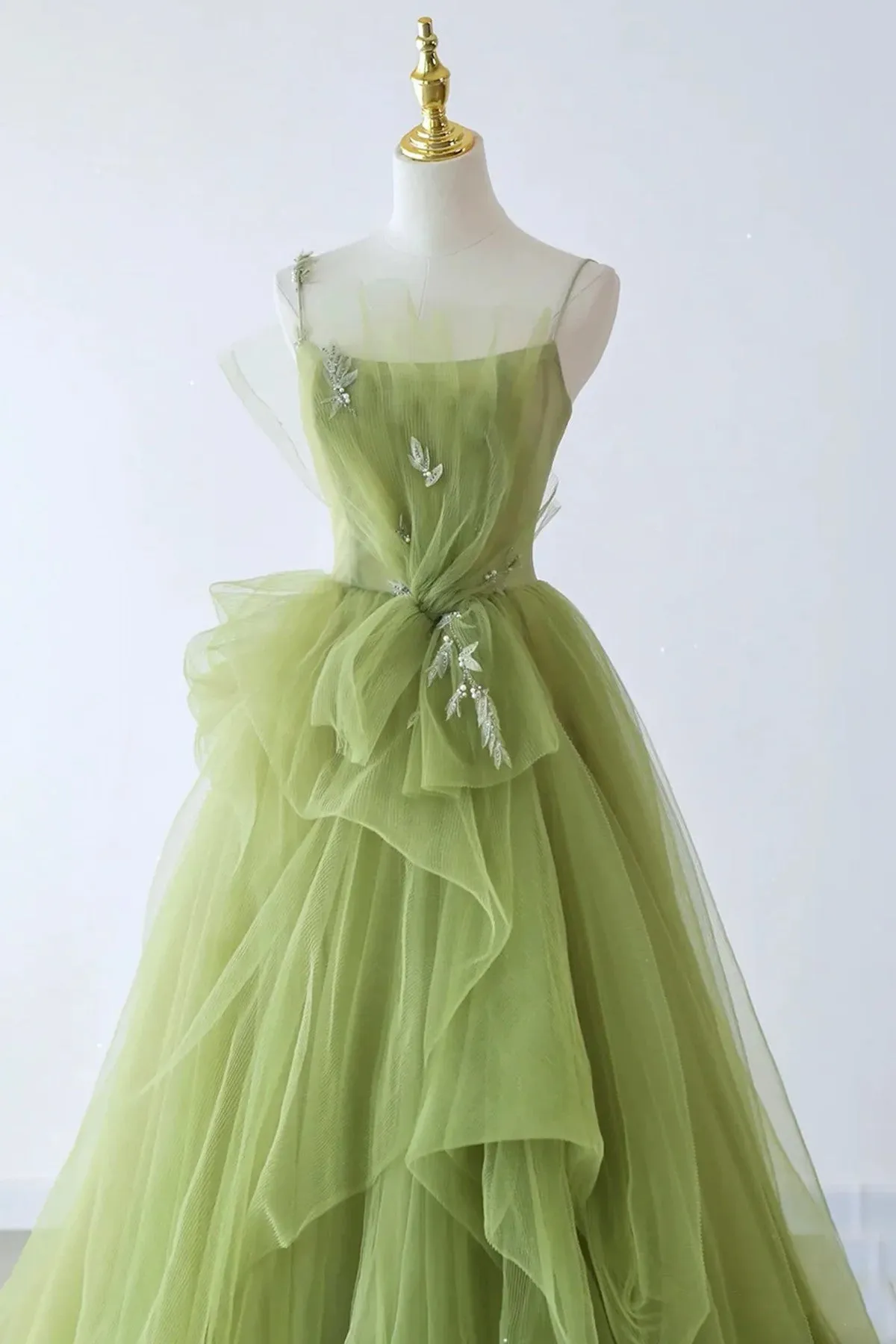 Uniwim 2024 Green Tulle Straps Long Formal Dress, Green Tulle Evening Dress Party Dress