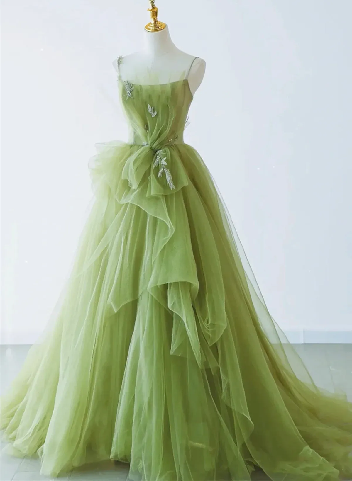 Uniwim 2024 Green Tulle Straps Long Formal Dress, Green Tulle Evening Dress Party Dress