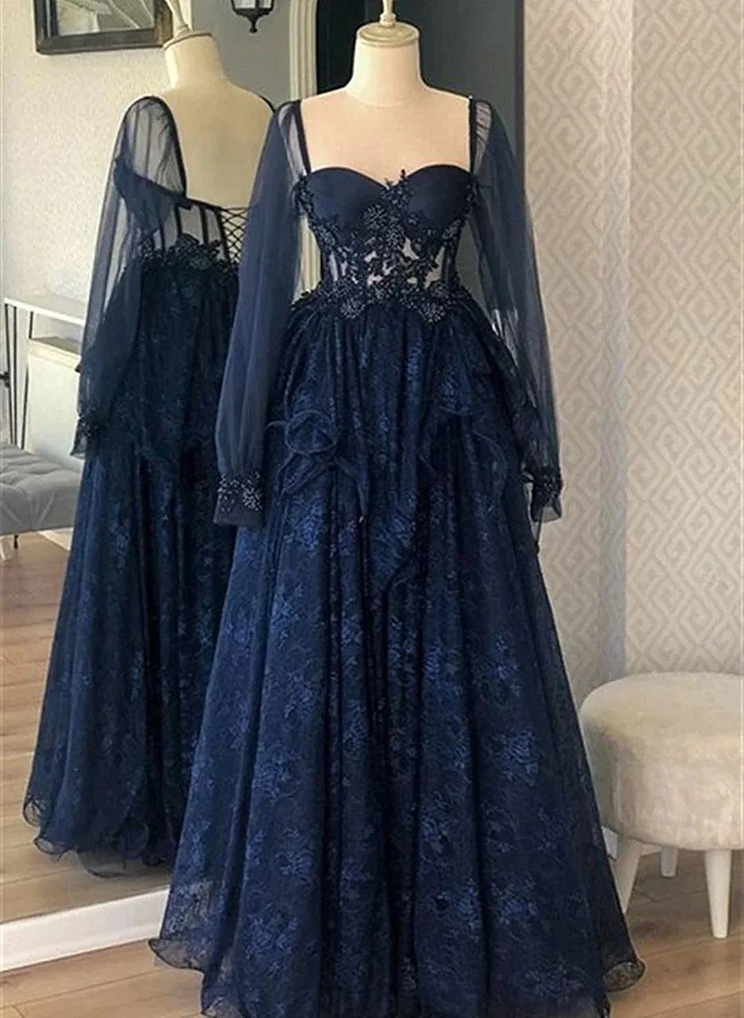 Uniwim 2024 Navy Blue Tulle with Lace Long Sleeves Prom Dress, Navy Blue Party Dress