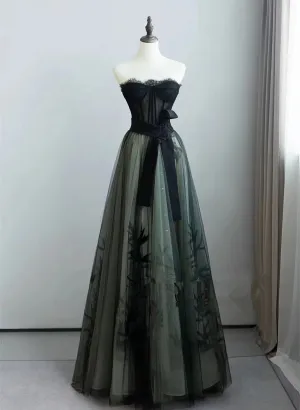 Uniwim A-line Black and Green Tulle with Lace Long Prom Dress, Tulle Party Dress