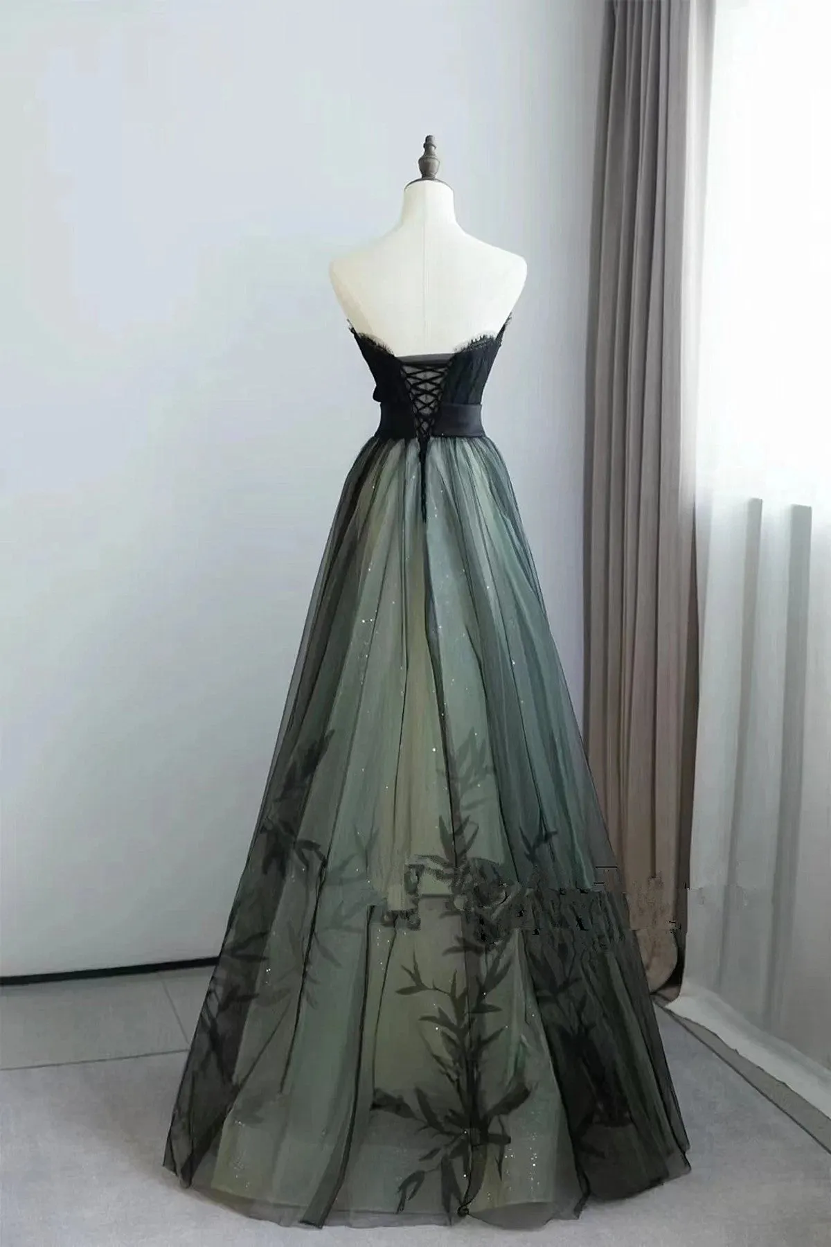 Uniwim A-line Black and Green Tulle with Lace Long Prom Dress, Tulle Party Dress