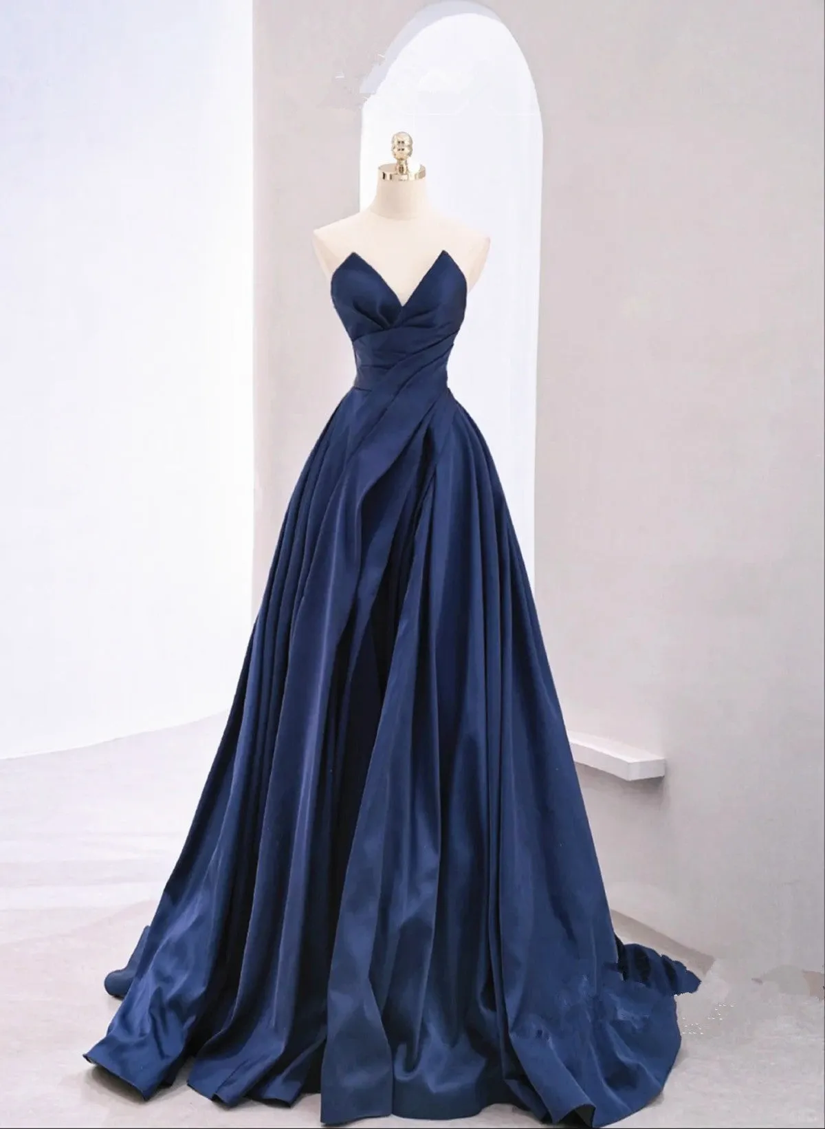 Uniwim A-line Navy Blue Tulle Long Party Dress, Navy Blue Satin Prom Dress