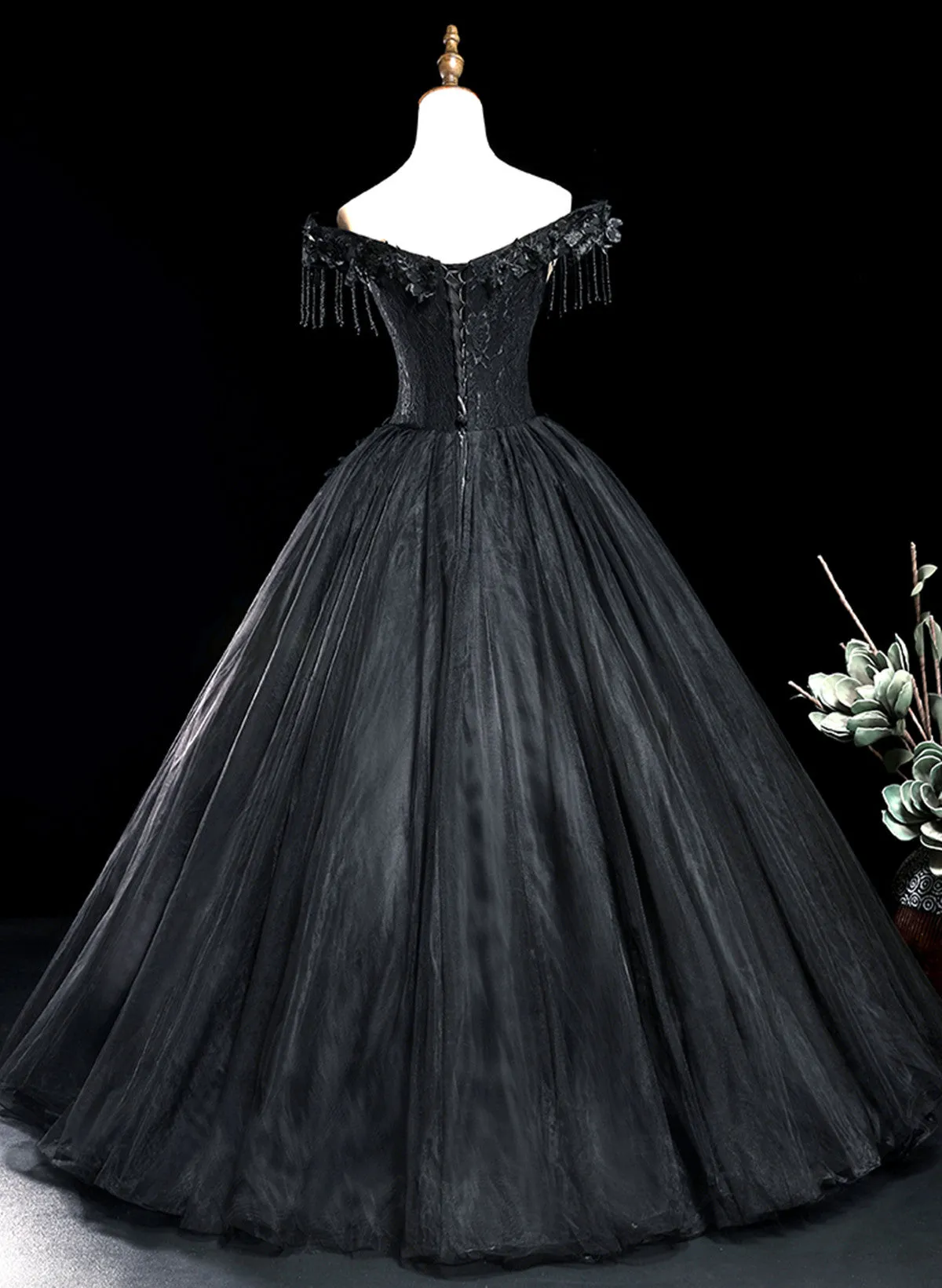 Uniwim Black Tulle Off Shoulder with Lace Applique Party Dress, Black Tulle Long Sweet 16 Dress